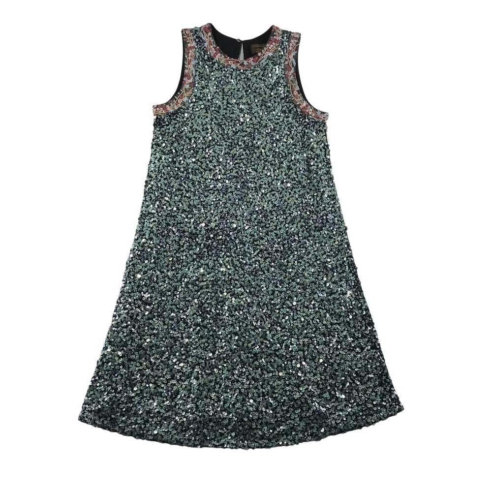 Varun Bahl Anthropologie Mint Sequin Floral Embroidered Shift Dress Size 6